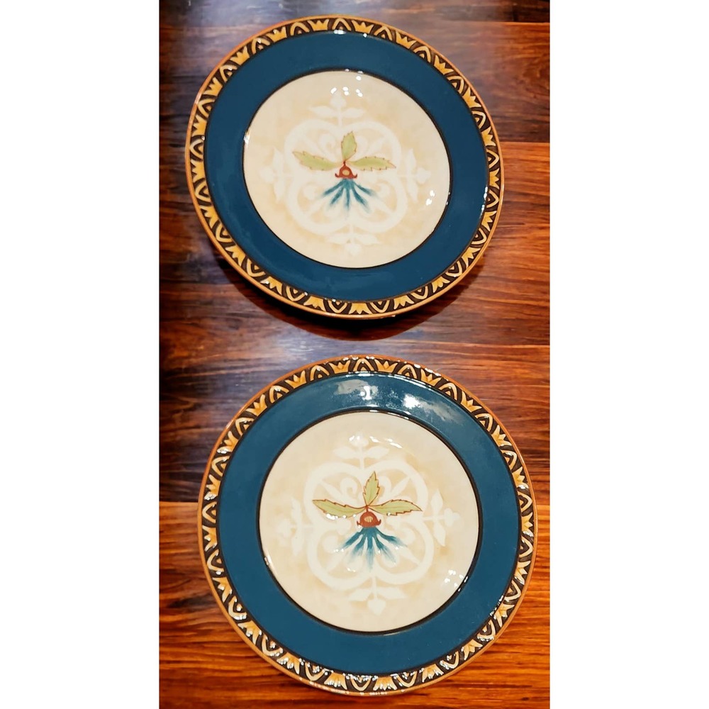 Fitz and Floyd GLOBAL MARKET 2 TEAL BLUE SALAD/DESSERT PLATES
